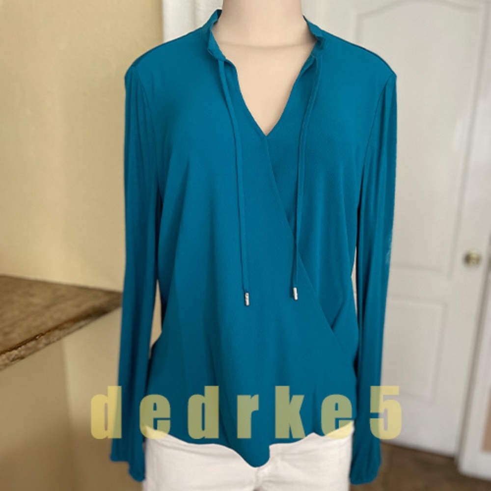 NEW MICHAEL Michael Kors DEEP Teal Long Sleeve Top FAUX WRAP  L